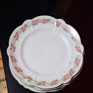 Vintage Scalloped Bone China Plates - Pink Rose Garland & Gold Rim - Set of 6